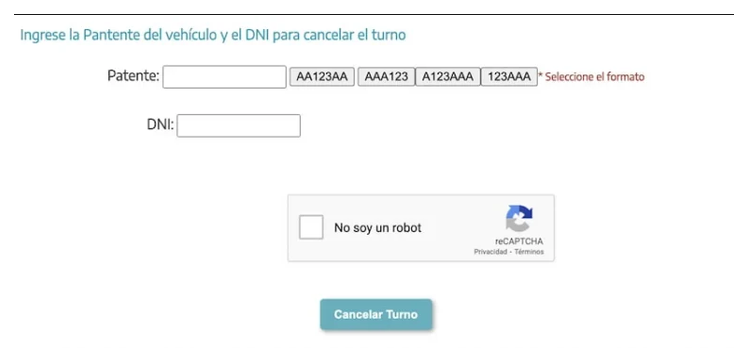 Pantalla para cancelar el turno de la VTV en Cañuelas con patente y DNI